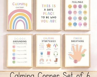 Calm Down Corner Posters set van 6, sociaal emotioneel leren SEL, kinderen verordening station decor, gevoelens grafiek, schoolbegeleider kantoorkunst