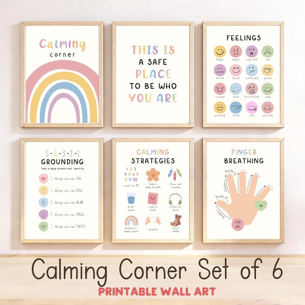 Calm Down Corner Poster Set von 6, sozial emotionales Lernen SEL, Kinder Regulation Station Dekor, Gefühlstabelle, Schul Counselor Office Art