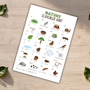 May include: A white paper with a "Nature Scavenger Hunt" checklist, featuring illustrations of natural elements like grass, leaves, and insects. The checklist includes check boxes and stars for marking finds. The paper is on a light wood surface.