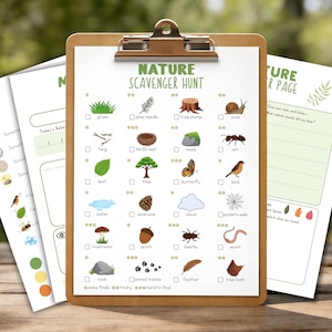 May include: A wooden clipboard with a nature scavenger hunt checklist, featuring illustrations of natural elements like grass, trees, and insects. The text "NATURE SCAVENGER HUNT" is at the top. Additional pages with related activities are visible.