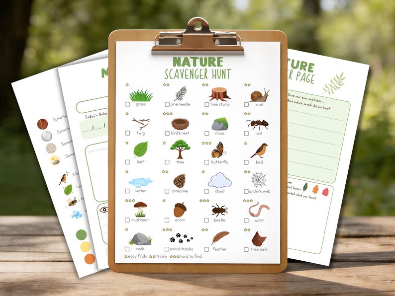 May include: A wooden clipboard with a nature scavenger hunt checklist, featuring illustrations of natural elements like grass, trees, and insects. The text "NATURE SCAVENGER HUNT" is at the top. Additional pages with related activities are visible.