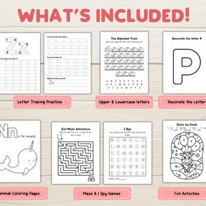 May include: A collection of printable activity pages for kids, including letter tracing, alphabet practice, coloring pages, mazes, and I Spy games. The pages feature uppercase and lowercase letters, and fun illustrations.