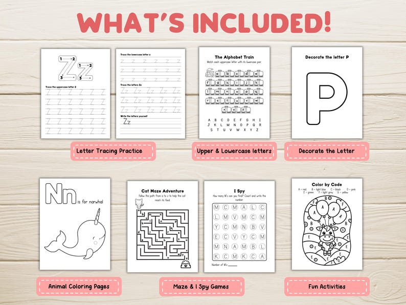 May include: A collection of printable activity pages for kids, including letter tracing, alphabet practice, coloring pages, mazes, and I Spy games. The pages feature uppercase and lowercase letters, and fun illustrations.