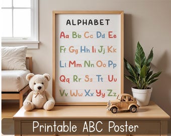 Afdrukbaar alfabet poster, ABC-poster voor kinderen, poster voorschoolse leerplan, klasdecor, kunst aan de muur kinderkamer, AZ alfabet afdrukbaar