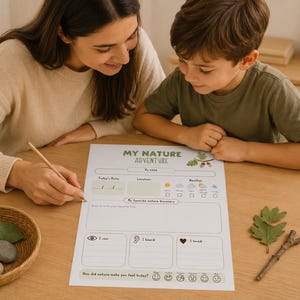 May include: A mother and child are seated at a wooden table, working on a nature-themed activity sheet. The sheet, titled "My Nature Adventure," features prompts for observations and feelings. A small basket with stones and leaves sits nearby.