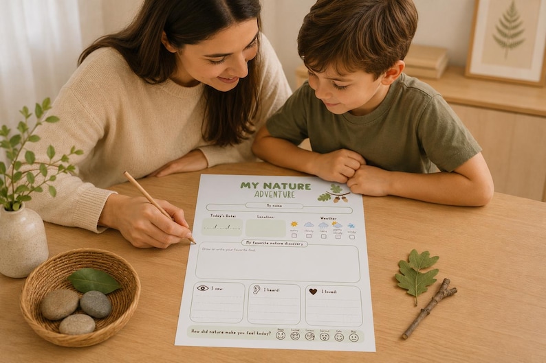 May include: A mother and child are seated at a wooden table, working on a nature-themed activity sheet. The sheet, titled "My Nature Adventure," features prompts for observations and feelings. A small basket with stones and leaves sits nearby.