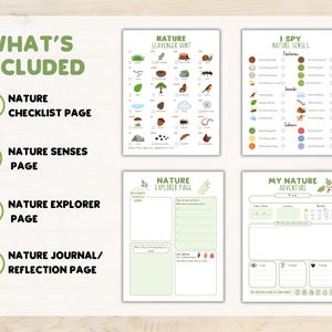 May include: A set of four nature-themed printable pages. The pages include a checklist, a nature senses page, an explorer page, and a journal page. The pages are light green and white with illustrations of nature elements and text.