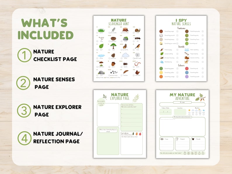 May include: A set of four nature-themed printable pages. The pages include a checklist, a nature senses page, an explorer page, and a journal page. The pages are light green and white with illustrations of nature elements and text.