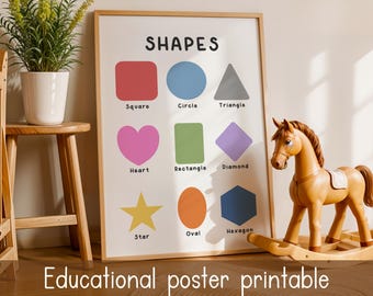Vormengrafiek afdrukbaar voor kinderen, poster voorschoolse leren, peutervormen, decor kleuterklas, montessorikunst aan de muur