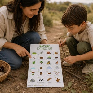 May include: A nature scavenger hunt checklist with illustrations of natural items like leaves, insects, and clouds. A woman and a child are looking at the checklist outdoors. A wicker basket with leaves and pinecones sits nearby.