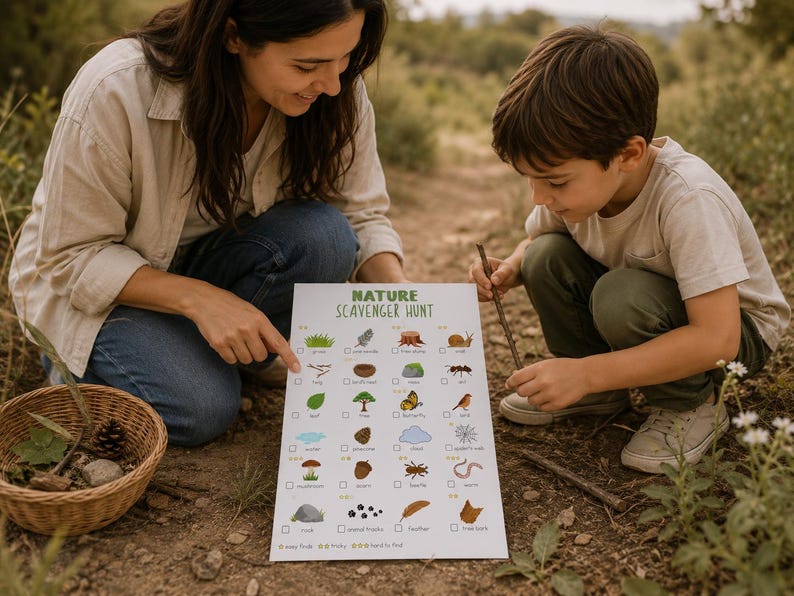 May include: A nature scavenger hunt checklist with illustrations of natural items like leaves, insects, and clouds. A woman and a child are looking at the checklist outdoors. A wicker basket with leaves and pinecones sits nearby.