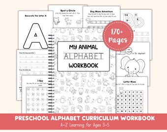 Alfabetisch werkboek voorschools leerplan | A–Z letters traceren, kleuren en handschrift oefenen | Dieren-ABC-activiteiten voor kleuters | 170+ pagina's