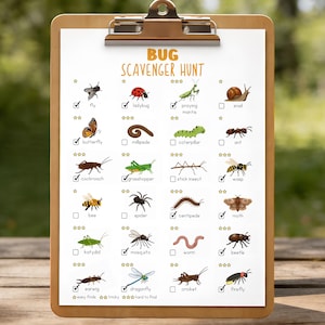Könnte beinhalten: Ein Klemmbrett mit einer gedruckten "Käfer-Schnitzeljagd"-Checkliste. Die Liste enthält Illustrationen verschiedener Insekten wie Marienkäfer, Schmetterling und Ameise, mit Kontrollkästchen daneben. Das Klemmbrett hat eine Holzoptik mit einem Metallclip.