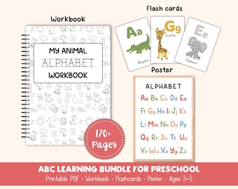 Afdrukbare bundel alfabet leren voorschoolse, werkboek meer dan 170 pagina's, flashcards en poster, overtrekken, kleuren, werkbladen handschriftoefening