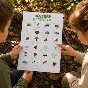 May include: A white Nature Scavenger Hunt checklist with illustrations of natural items like leaves, insects, and birds. The checklist is held by two children outdoors, with one pointing at the bird illustration.
