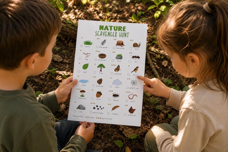 May include: A white Nature Scavenger Hunt checklist with illustrations of natural items like leaves, insects, and birds. The checklist is held by two children outdoors, with one pointing at the bird illustration.