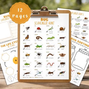May include: A 12-page bug scavenger hunt activity set on white paper, featuring a clipboard with a checklist of insects like ladybugs, butterflies, and spiders, alongside pages for bee life cycles, bug sorting, and explorer hints with illustrations.