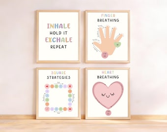 Mindfulness-ademhalingsposters voor kinderen, Calm Down Corner Printables, SEL Classroom Decor, angst coping-vaardigheden, set van 4