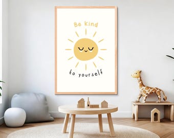 Wees aardig voor jezelf poster afdrukbare, positieve affirmatie kunst aan de muur, decor kinderkamer, motiverende citaat print, klas vriendelijkheid kunst