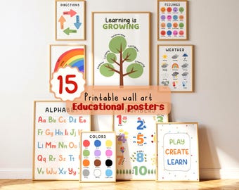 Voorschoolse educatieve posters set van 15, afdrukbare leermuurkunst, alfabet cijfers vormen kleuren, homeschool klaslokaal decor