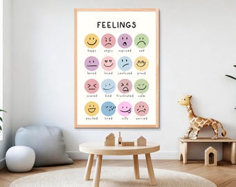 Gevoelens grafiek poster afdrukbaar, kinderen emoties grafiek, sociaal emotioneel leren poster, klasdecor, peuter gevoelens kunst aan de muur