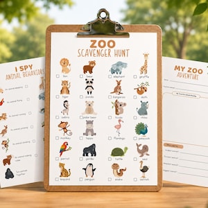 May include: A wooden clipboard with a printed "Zoo Scavenger Hunt" checklist, "I Spy Animal Behaviors" and "My Zoo Adventure" sheets. The checklist features cartoon animals like lions, giraffes, and pandas. The background is a blurred outdoor scene.
