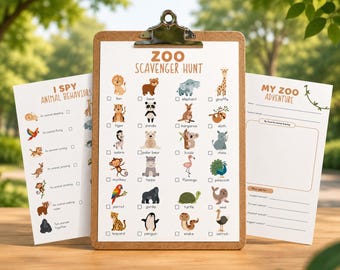Dierentuinspeurtochtbundel afdrukbaar, kinderdierentuin schattenjachtspel, Family Zoo Trip-activiteit, werkblad peuterdieren
