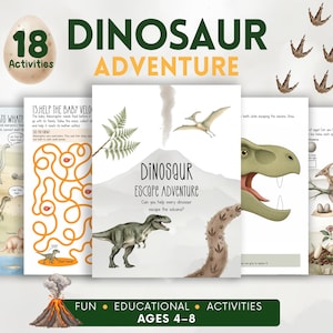 Könnte beinhalten: Eine Sammlung von druckbaren Aktivitätsblättern mit dem Titel Dinosaur Adventure, die 18 Aktivitäten für Kinder im Alter von 4-8 Jahren enthält. Die Seiten zeigen Labyrinthe, Zuordnungsspiele und Illustrationen von Dinosauriern und Vulkanen.