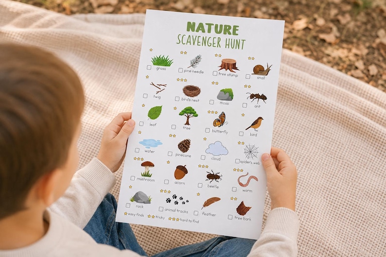 May include: A child holds a nature scavenger hunt checklist. The green text at the top reads "NATURE SCAVENGER HUNT." The checklist includes illustrations of grass, a pine needle, a tree stump, a snail, a leaf, a tree, a butterfly, and a bird.