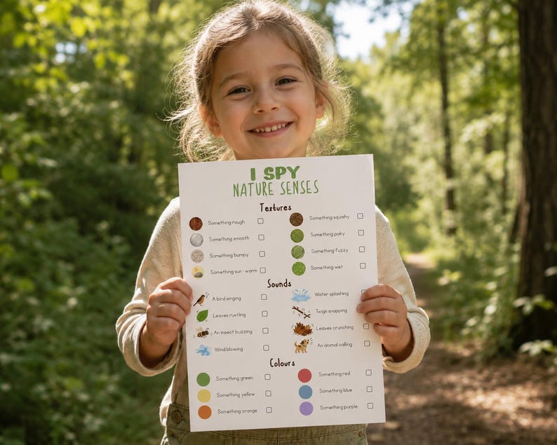 May include: A young girl smiles while holding a white paper with the text "I SPY NATURE SENSES". The paper lists textures, sounds, and colors to identify in nature. The background is a blurred forest scene.