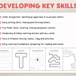 May include: A white educational activity sheet with the text "DEVELOPING KEY SKILLS" in pink. The sheet includes activities for letter recognition, early writing, fine motor skills, vocabulary, problem-solving, and early learning. Examples include tracing, letter hunts, and coloring.