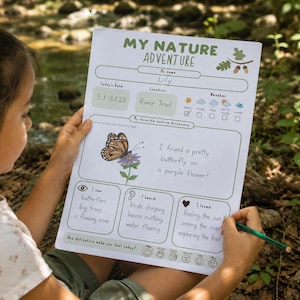 May include: A child's nature adventure activity sheet with the title "MY NATURE ADVENTURE". The sheet includes sections for the date, location, and weather, along with prompts to write about nature observations. A butterfly illustration is featured.