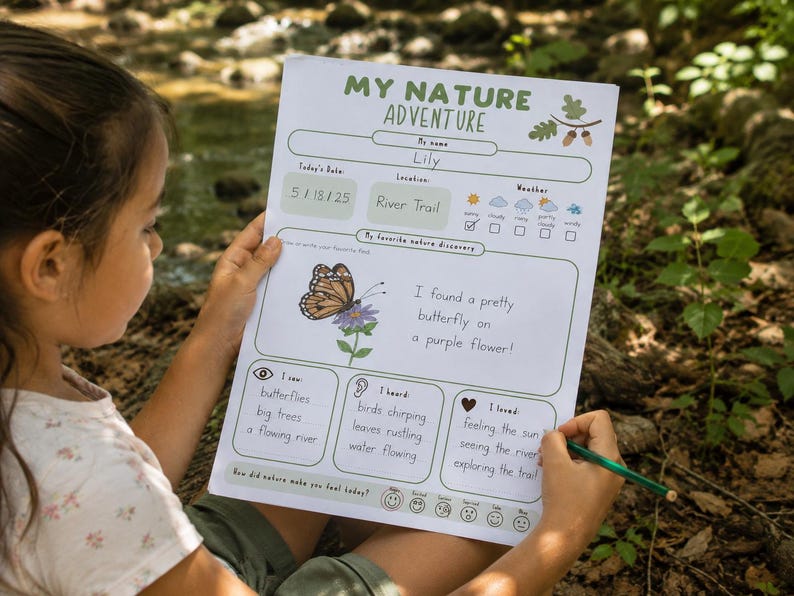 May include: A child's nature adventure activity sheet with the title "MY NATURE ADVENTURE". The sheet includes sections for the date, location, and weather, along with prompts to write about nature observations. A butterfly illustration is featured.