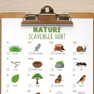 May include: A clipboard with a printed nature scavenger hunt checklist. The checklist includes illustrations of grass, a pine needle, a tree stump, a snail, twigs, a bird's nest, moss, an ant, a leaf, a tree, a butterfly, and a bird.