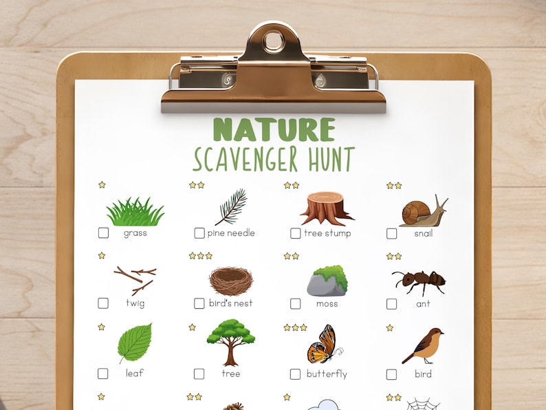 May include: A clipboard with a printed nature scavenger hunt checklist. The checklist includes illustrations of grass, a pine needle, a tree stump, a snail, twigs, a bird's nest, moss, an ant, a leaf, a tree, a butterfly, and a bird.