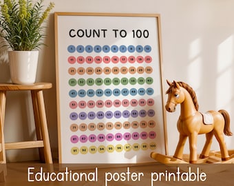 Tellen tot 100 grafiek afdrukbaar voor kinderen, cijfergrafiek 1-100 kleuterschool, kleuterschool wiskunde poster, homeschool montessori kunst aan de muur