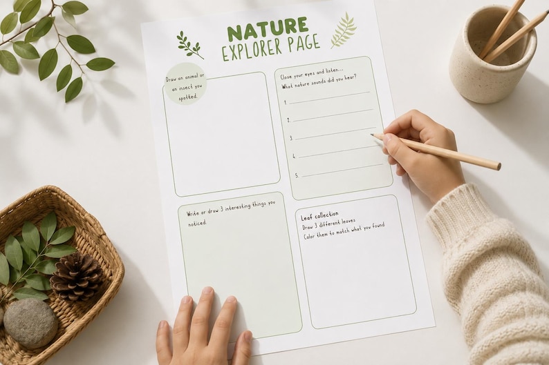 May include: A white Nature Explorer Page with prompts for drawing, writing, and leaf collection. A hand holds a pencil, completing the page. A basket with leaves and a pinecone sits nearby.