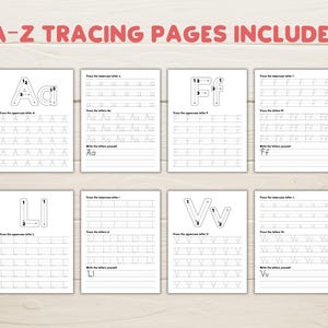 May include: A set of white tracing pages with the letters A, F, L, and V, with the text "A-Z TRACING PAGES INCLUDED" in red. Each page features uppercase and lowercase letters for tracing practice. The pages are on a light wood-grain surface.