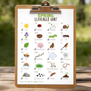 May include: A wooden clipboard featuring a "Spring Scavenger Hunt" checklist. The list includes illustrations of a sun, ladybug, flower, leaf, bee, rainbow, rock, dandelion, caterpillar, butterfly, cloud, spider's web, worm, bird, grass, animal tracks, feather, and seeding.