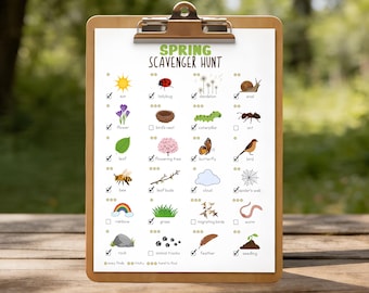 Lentespeurtocht voor kinderen, afdrukbare natuurjacht buiten, voorschoolse activiteit, voorjaarswerkblad, kampeerspel, pdf-bestand direct te downloaden