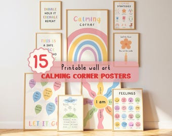Kalmerende hoekposters set van 15, grafieken emotionele regulatie en gevoelens, klasdecor, schooldecanen, SEL Mental Health