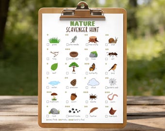Afdrukbare natuurspeurtocht voor kinderen, schattenjachtactiviteit buiten, kampeerspel, wandelen natuurwandeling, peuterwerkblad pdf
