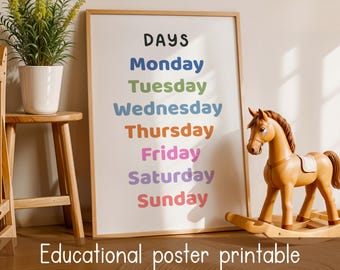 Dagen van de week-grafiek afdrukbaar voor kinderen, voorschoolse leren, poster kleuterschool, klasdecor, leren kalender print
