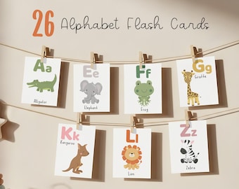 Afdrukbare ABC-kaarten dieren, alfabetleerkaarten voor peuters, voorschoolse letterherkenning, thuisleeractiviteit