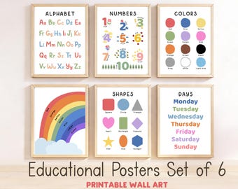 Voorschoolse klas decor bundel set van 6, kinderen leren posters afdrukbaar, alfabet cijfers kleuren vormen dagen van de week grafiek peuter