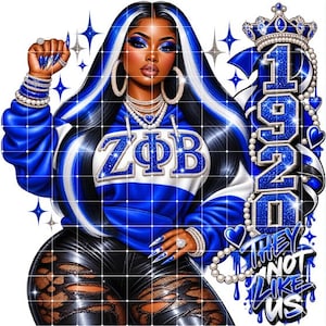 May include: A digital illustration of a person with long blue and black hair wearing a blue and white hoodie with the Greek letters ZΦB, black distressed trousers, and jewellery. The text 1920 and THEY NOT LIKE US appear in blue with a crown.