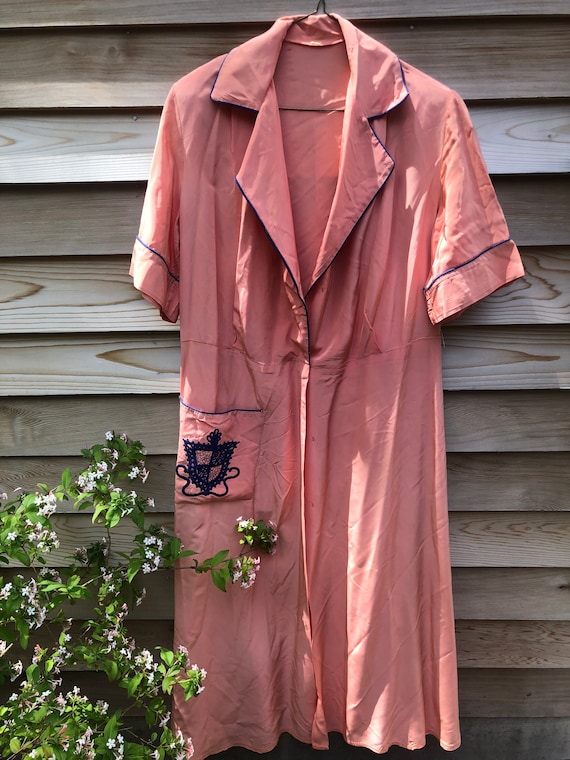Salmon Pink 1940s / 1950s Silk Dress with Royal Bl
