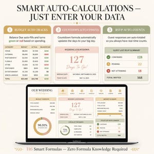 Può includere: Una dashboard digitale per l'organizzazione di matrimoni visualizzata su uno schermo di un portatile, con monitoraggio automatico del budget, conto alla rovescia e riepiloghi RSVP. L'interfaccia utilizza una palette di colori tenui.