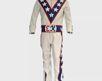 Handmade Evel Knievel Inspired Leather Jumpsuit | White Motorcycle Cosplay Vintage Stunt Rider Outfit