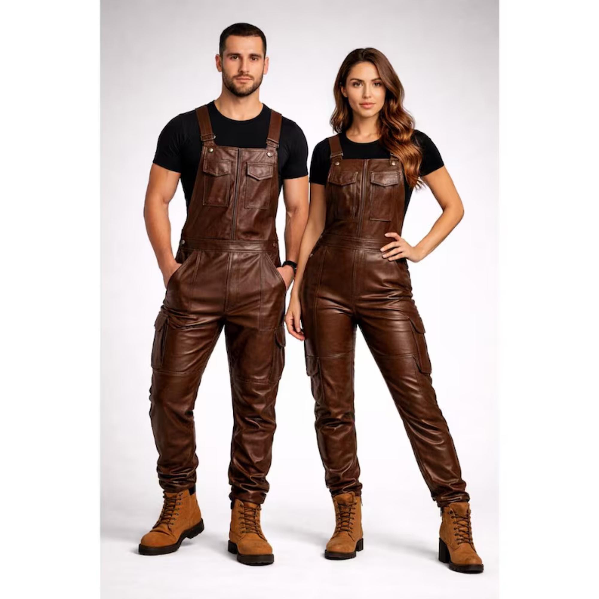 Men's Genuine Brown Leather Bib Overalls Jumpsuit Handmade Leather Dungaree Custom Fit Uniform